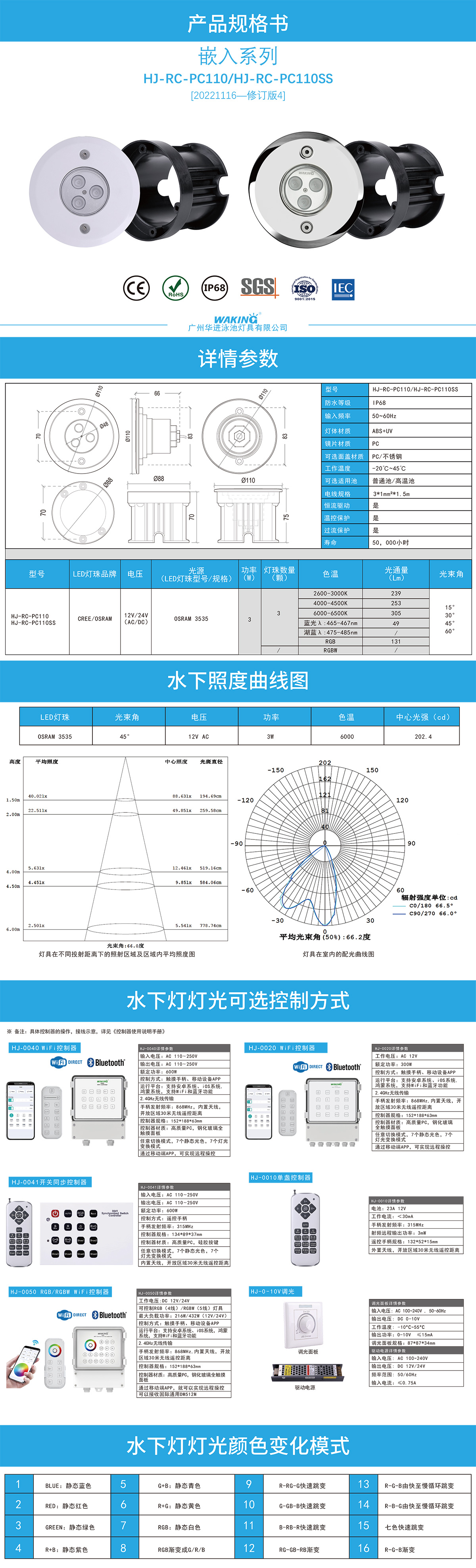 HJ-RC-PC110 自然白水下灯泳池灯12v嵌入防水灯