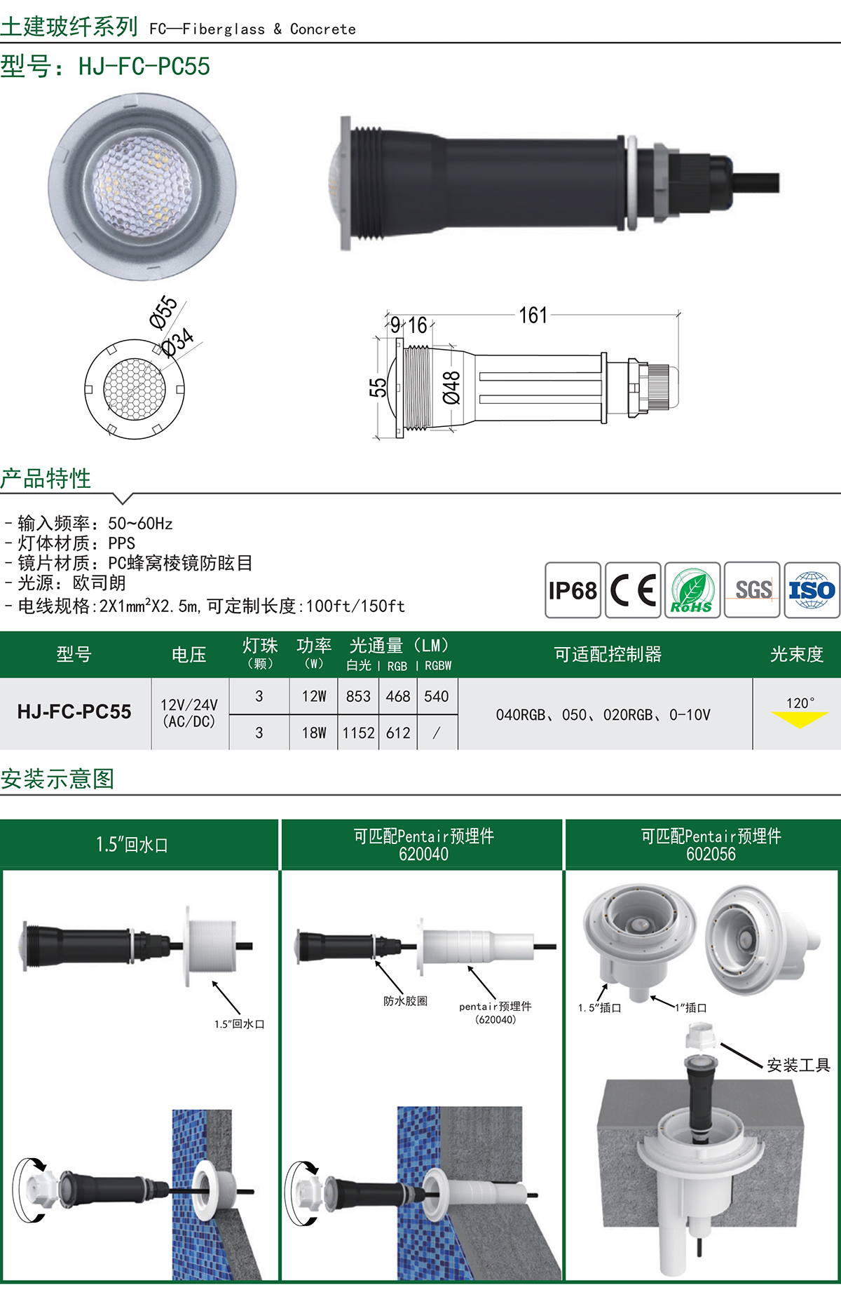 HJ-FC-PC55 北美1.5寸通用游泳池水下灯可替换滨特尔预埋件水底灯