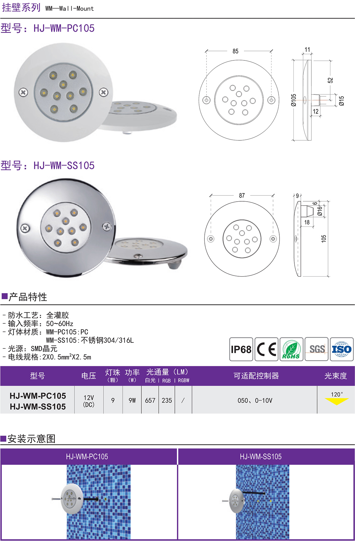 HJ-WM-SS105 全不锈钢超薄水底灯七彩水下泳池灯