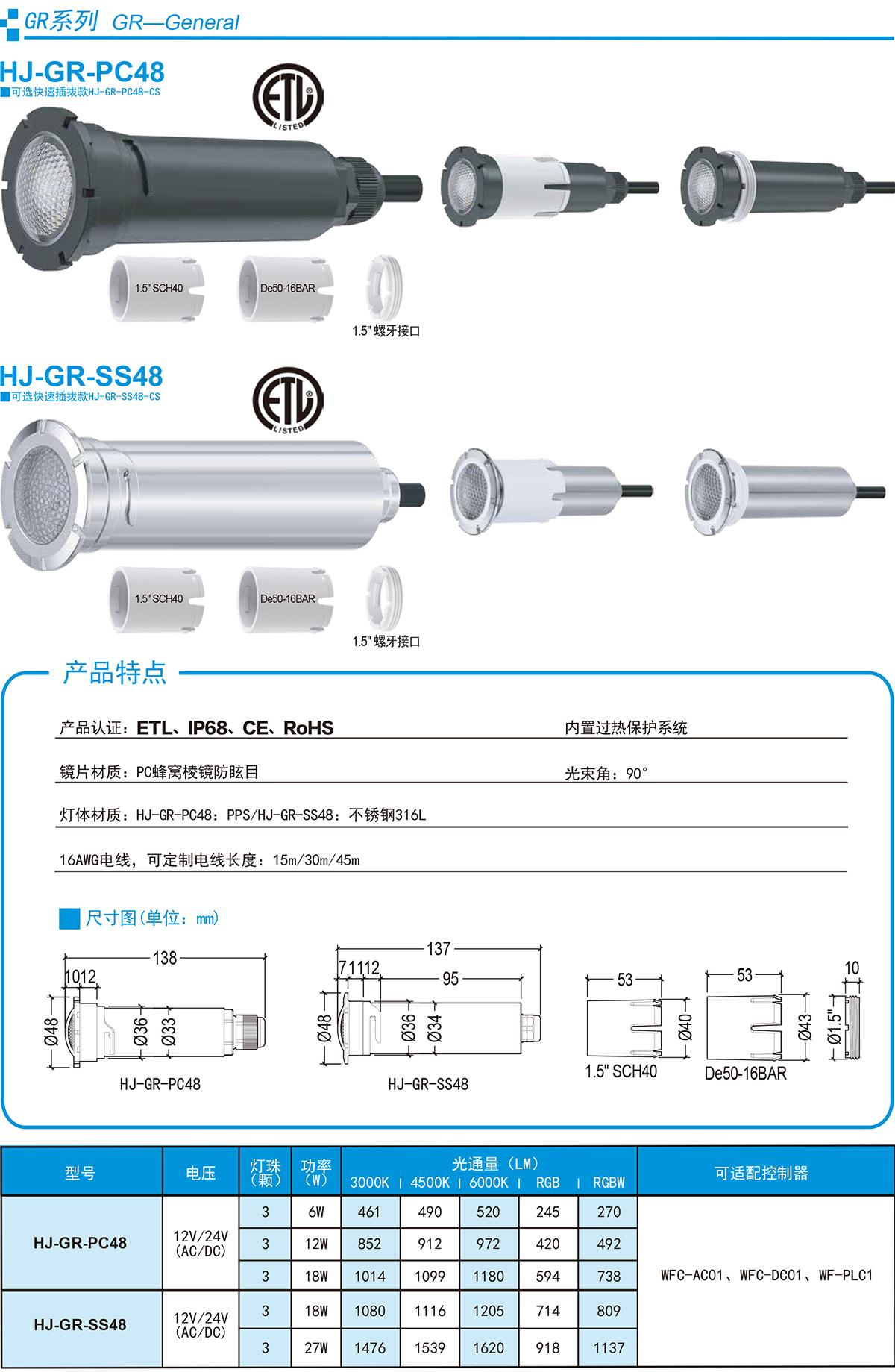 兼容欧美1.5英寸接口RGBW泳池灯12V变色水下灯